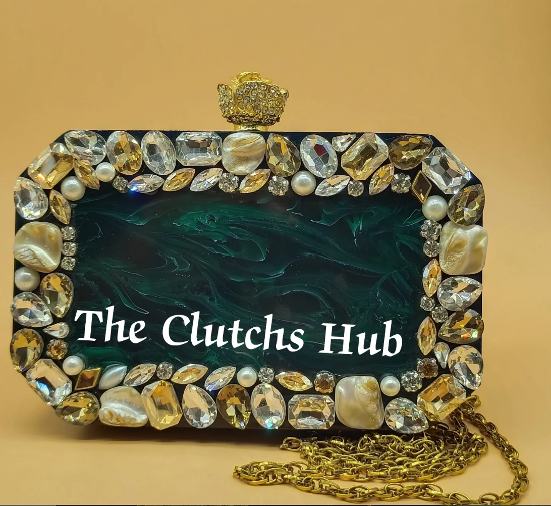Primium quality resin clutch bag with bottle green with coustomiz name and colour order now